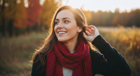 A young woman smiling in a field during autumn, wearing a red scarf, with colorful fall foliage in the backgroundの素材