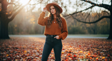 A young woman wearing a brown sweater and hat standing in a park during autumn, surrounded by colorful fallen leaves and trees in the backgroundの素材