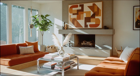 A modern living room featuring orange sofas, a stylish coffee table with books, a decorative vase, and a minimalist fireplace, adorned with abstract wall art and indoor plantsの素材