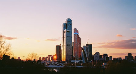A skyline view of modern skyscrapers during sunset, with reflections of the sun on glass buildings, and a soft gradient skyの素材