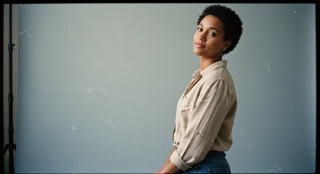 A young woman with short curly hair, wearing a beige shirt and blue jeans, standing against a light gray background, looking confidently at the cameraの素材
