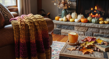 A cozy living room scene featuring a knitted blanket draped over a leather couch, a warm drink on a wooden table, autumn leaves, and a fireplace with pumpkins in the backgroundの素材