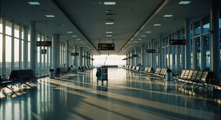 A spacious airport terminal with empty seating, large windows allowing natural light, and directional signsの素材