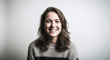 A young woman smiling, wearing a striped sweater, against a light backgroundの素材