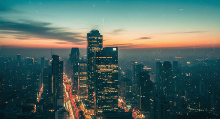 Aerial view of a bustling city skyline at sunset, with skyscrapers illuminated and a vibrant street below, creating a dynamic urban atmosphereの素材