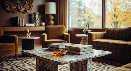 A cozy living room with modern furniture, featuring a marble coffee table, books, and an amber glass bowl, surrounded by stylish armchairs and large windows with autumn viewsの素材