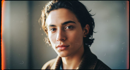 A close-up portrait of a young man with medium-length dark hair, soft facial features, and a neutral expression, set against a blurred backgroundの素材