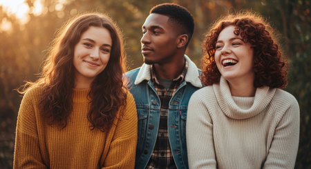 Three friends sitting together outdoors during sunset, smiling and enjoying each others company, warm lighting, casual clothingの素材