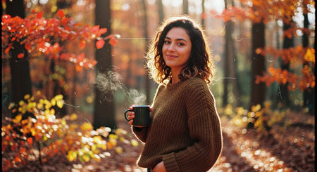 A young woman with curly hair holding a cup in a forest during autumn, surrounded by colorful leavesの素材