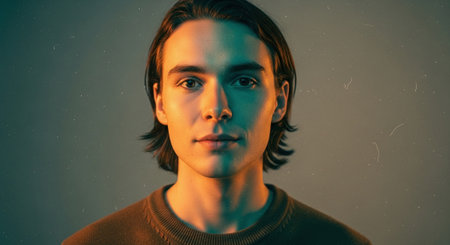 A young man with medium-length hair, looking directly at the camera, illuminated with soft, colorful lightingの素材