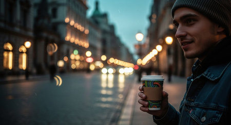A young man holding a coffee cup while standing on a city street at dusk, with blurred lights in the backgroundの素材