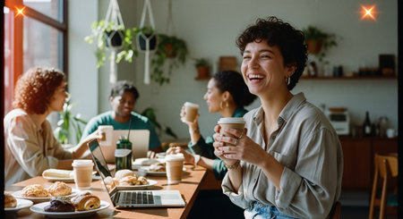 A group of friends enjoying coffee and pastries in a cozy cafe, one woman laughing while holding a cup, laptops and food on the tableの素材