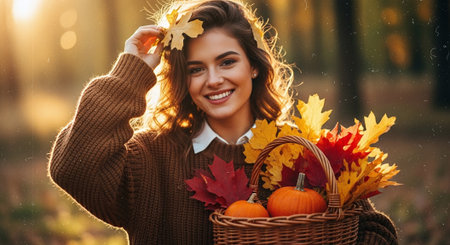 A young woman smiling while holding a basket of pumpkins and autumn leaves, wearing a cozy sweater, in a sunlit forest settingの素材