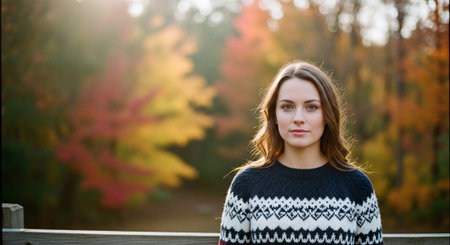 A young woman standing outdoors in a cozy sweater, surrounded by autumn foliage with vibrant colorsの素材