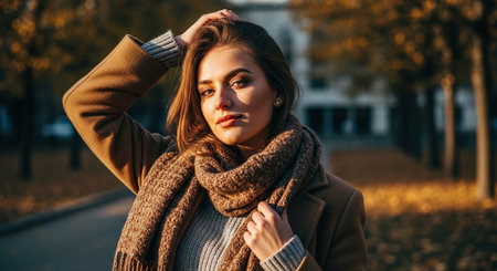 A young woman in a stylish coat and scarf poses outdoors during autumn, with golden leaves in the background and soft sunlight illuminating her faceの素材