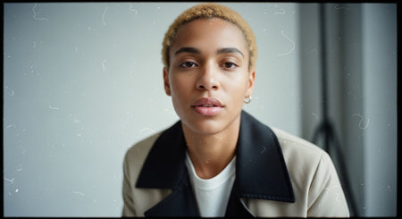 A close-up portrait of a young woman with short blonde hair, wearing a stylish coat, looking directly at the camera with a neutral expression, soft lighting, minimalistic backgroundの素材