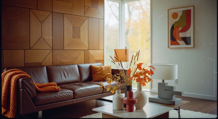 A modern living room featuring a brown leather sofa, decorative pillows, a wooden wall with geometric patterns, a coffee table with vases and autumn leaves, and a large window with natural lightの素材
