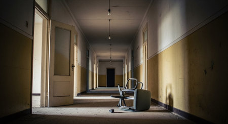 An abandoned hallway with yellow and white walls, featuring a toppled chair and dim lighting from hanging bulbsの素材