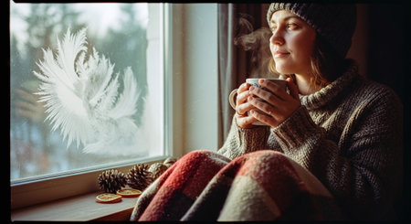 A girl in a warm sweater is sitting on the windowsill and drinking coffee.の素材