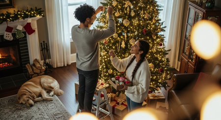 Happy couple decorating christmas tree in living room at home. Young man and woman opening presents.の素材