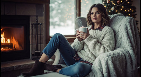 Beautiful young woman with cup of hot drink sitting in armchair near fireplace at homeの素材