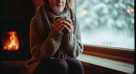 A woman in a warm knitted sweater sits by the window and holds a cup of hot coffee.の素材