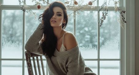 A woman in a cozy sweater sitting on a chair by a window with snow outside, soft lighting and a serene atmosphereの素材
