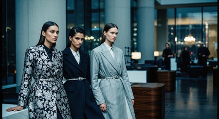 businesswomen in formal wear looking at camera while standing in office lobbyの素材