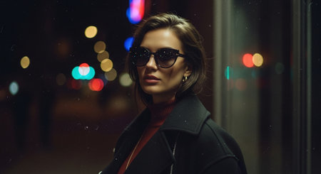 A stylish woman wearing sunglasses and a black coat, posing confidently at night with colorful bokeh lights in the background.の素材