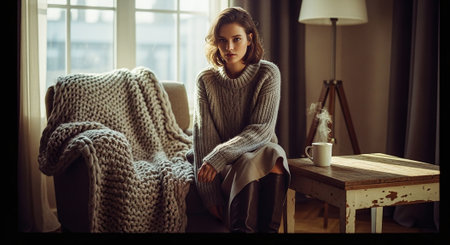 Beautiful young woman in sweater sitting on chair in room at homeの素材
