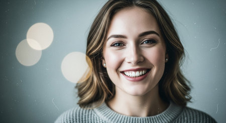 A smiling woman with medium-length hair wearing a light sweater, against a soft-focus background with bokeh lightsの素材