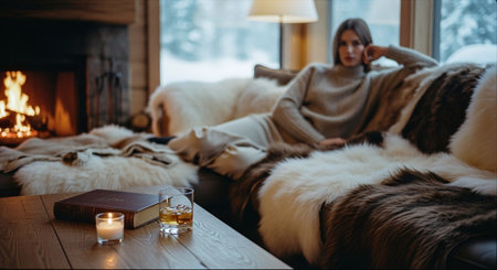 Young woman drinking whiskey at home by the fireplace. Cozy winter evening.の素材