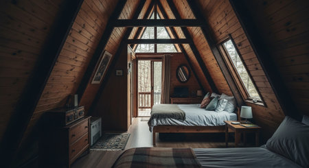 Interior of a wooden attic bedroom with a double bed and a windowの素材