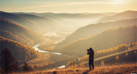 A photographer capturing a scenic landscape at sunset, with rolling hills, a winding river, and autumn foliageの素材