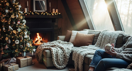 Young woman with cup of hot drink sitting on sofa in cozy living room decorated for Christmasの素材