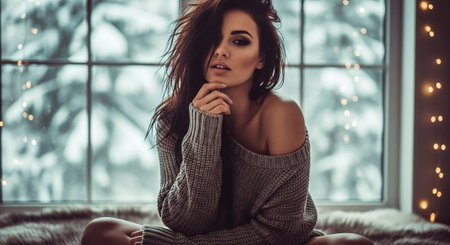 A woman with long dark hair wearing a cozy sweater, sitting on a fur rug in front of a large window with a snowy landscape outside, soft lighting and warm atmosphereの素材