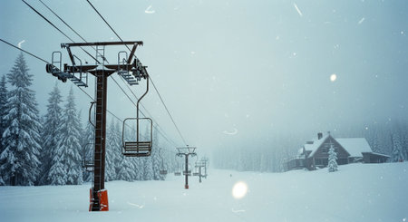 Beautiful winter landscape with a ski lift in the mountains. Ski resortの素材
