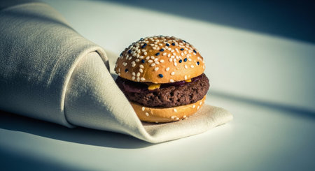 Hamburger with red and black sesame on white napkinの素材