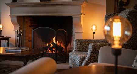 A cozy living room with a fireplace, comfortable armchairs, and warm lightingの素材