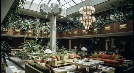 A spacious indoor area featuring mid-century modern furniture, lush greenery, and a striking chandelier, with a large concrete pillar as a focal pointの素材