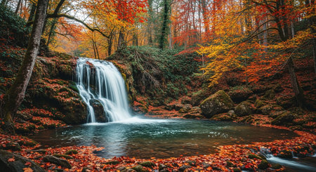 Autumn waterfall with colorful leaves in the forest. Beautiful autumn landscape.の素材