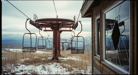Ski lift in the mountains. Winter landscape. Toned.の素材