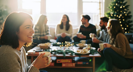 A cozy gathering of friends during the holiday season, sitting around a table with snacks and drinks, decorated with festive lights and a Christmas tree in the backgroundの素材