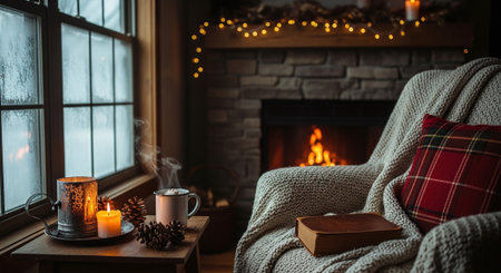 A cozy winter scene featuring a warm fireplace, a comfortable armchair with a knitted blanket, a steaming cup of hot beverage, candles, and pine cones on a wooden tableの素材