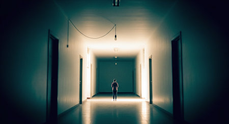A dimly lit corridor with a figure standing at the end, illuminated by light, creating a mysterious atmosphereの素材