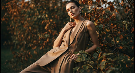 A stylish woman in a beige suit posing elegantly among autumn foliageの素材