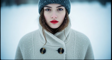 A young woman with long hair in a gray beanie and cream coat stands in a snowy landscape, snowflakes on her hair and coat, looking directly at the camera with a serious expressionの素材