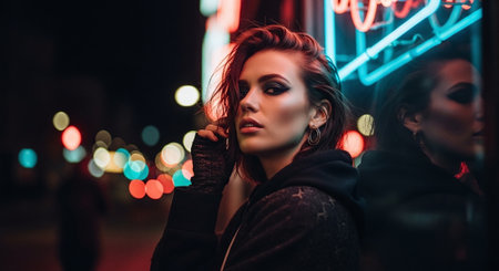 A stylish young woman with dramatic makeup poses near neon lights at night, reflecting a vibrant urban atmosphereの素材