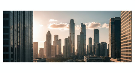 A panoramic view of a modern city skyline during sunset, showcasing tall skyscrapers and a warm golden light illuminating the buildingsの素材