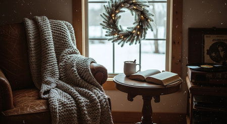 A cozy living room scene featuring a knitted blanket draped over a leather chair, a small round table with an open book and a cup, and a window with a wreath overlooking a snowy landscapeの素材